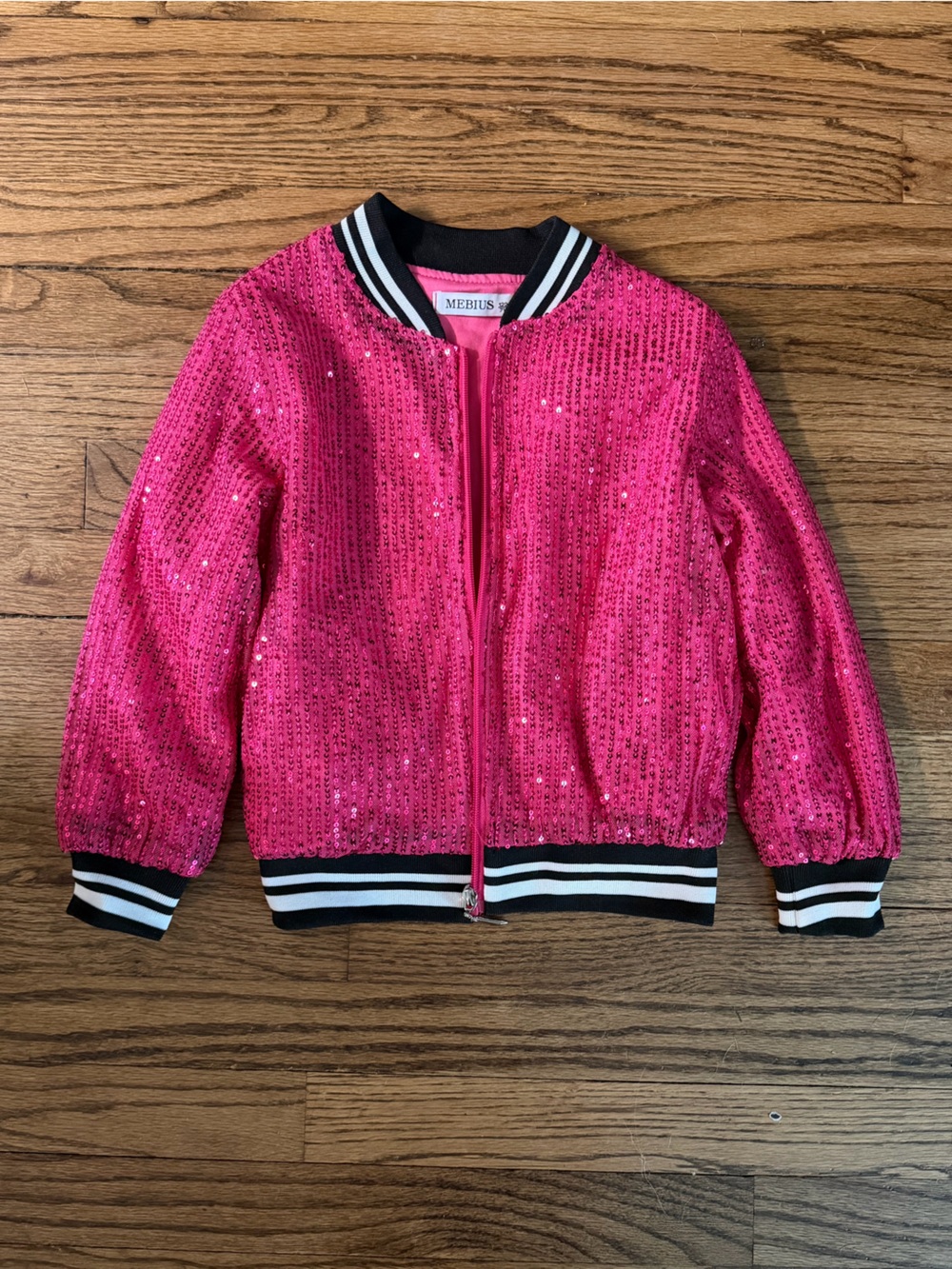 Hot Pink Sequin Zip-Up Jacket with Striped Trim
